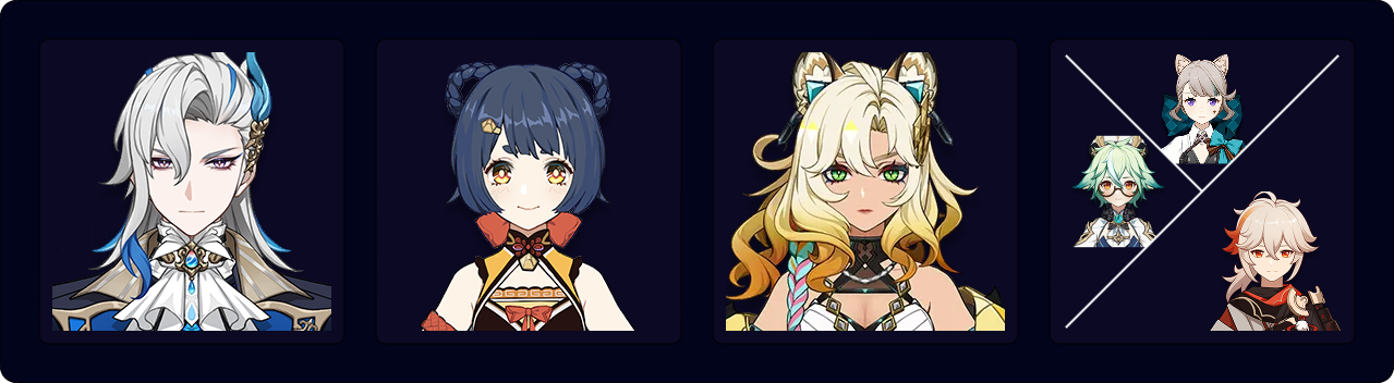 Neuvillette —Xiangling — Xilonen — Kazuha / Sucrose / Lynette